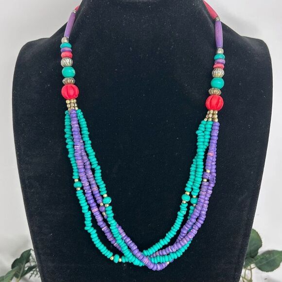 Vtg Multi-strand Beaded Necklace 23" Green & Purple W/ Gold & Silver-tone Accent - Picture 6 of 6